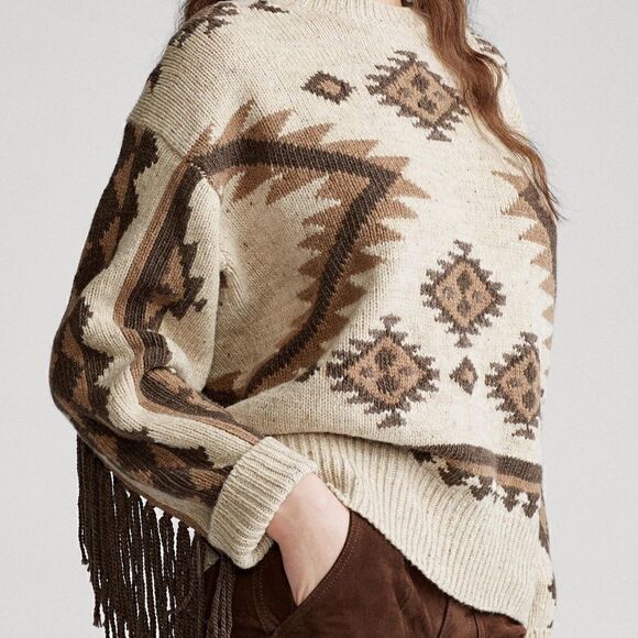 Polo Ralph Lauren Oatmeal & Brown Multi Southwestern Fringe Merino Wool Sweater - Picture 1 of 16